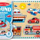 Melissa & Doug Vehicles Sound Puzzle - Wooden Peg Puzzle With Light-Activated Sound Effects (8 pcs) Puzzles for Toddlers, Wooden Puzzles For Kids Ages 2+