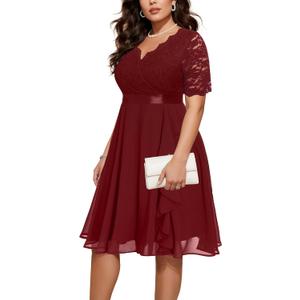 Plus Size Wedding Guest Dress Semi Formal Burgundy Holiday Cocktail Party Summer Mother Elegant Lace Curvy Women Fall, 16W