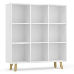 9-Cube Open Shelf Bookcase - 3-Tier Wooden Floor-Standing Bookshelf with Legs and Backpanel, Ideal for 11-inch Fabric Storage Bins and Miscellaneous Organizer, White