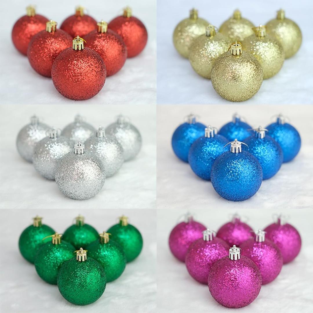 Christmas Ball Ornaments 60mm 24ct Essential Tree Balls Decorations Shatterproof Decor Plastic Christmas Ornaments Balls Party Decorations (Glitter-6cm/6color)