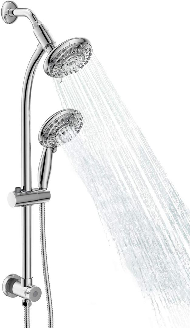Handheld Showerhead & Rain Shower Combo for Easy Reach, 27.5" Drill-free Stainless Steel Slide Bar, 5of 5-setting Handheld Shower and Showerhead, with 5ft Hose - Polished Chrome