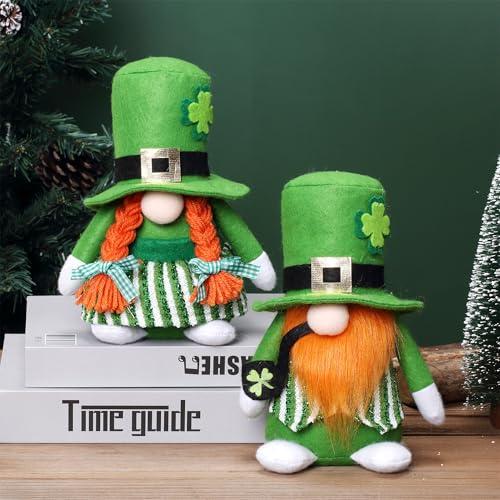 Ni-JASW St Pactrick's Day Leprechaun Gnomes Set of 2, Lucky Green Shamrock Elf Figurines Tomte Dolls for Tiered Tray Shelf Decor