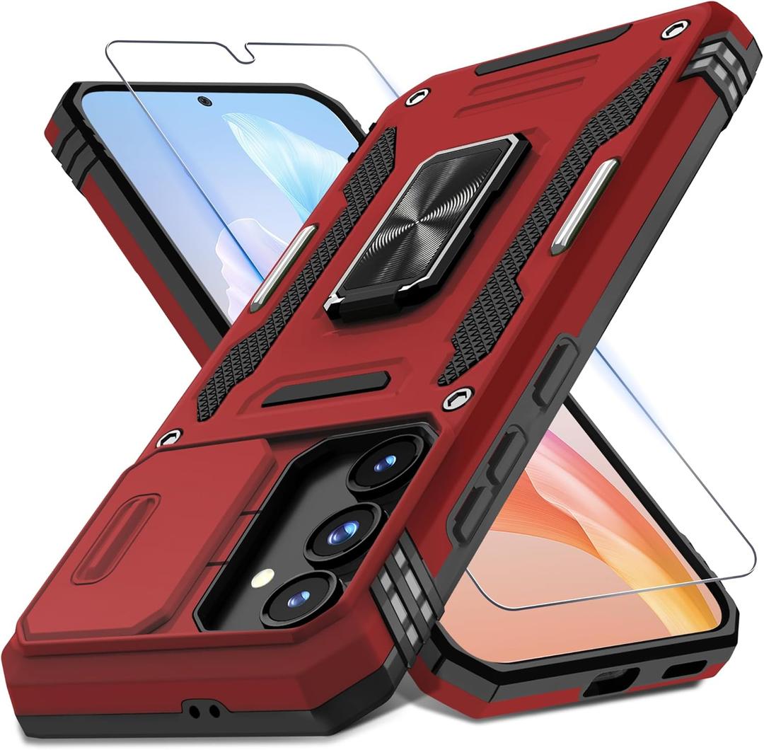 DEERLAMN Case for Samsung Galaxy S24 FE 6.7-Inch with Slide Camera Cover+Screen Protector(1 Pack), Rotated Ring Kickstand Military Grade Shockproof Protective Cover-Red