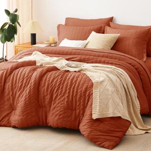 CozyLux King Size Comforter Set Burnt Orange Seersucker 7 Pieces Bed in a Bag King Comforter Set with Sheets, Terracotta Luxury Bedding Set with Down Alternative Comforter, Sheets, Pillowcases & Shams