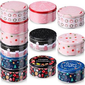 Yaomiao 12 Pack Christmas Cookie Tins with Lids for Gift Giving Small Xmas Tin Containers Round Metal Christmas Tins Empty Cookie Jar for Gift Giving Holiday Party Favors (Elegant Style)