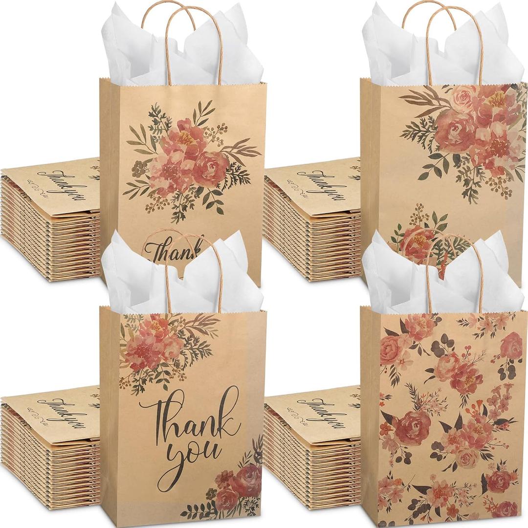 Jutom 48 Pack Kraft Paper Floral Gift Bags with Handles Thank You Flower Bags with Tissue Paper Kraft Paper Treat Bags for Tea Party Birthday Wedding Baby Shower Business Supplies