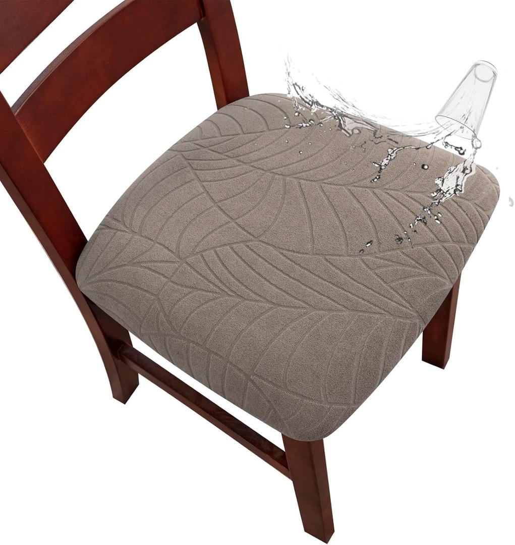 Waterproof Seat Covers for Dining Room Chairs, Stretch Chair Seat Covers Removable Washable Dinning Room Kitchen Chair Cushion Slipcovers (Leaves-Taupe, 6 PCS), 15x35Inc