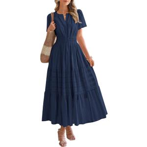 BTFBM Womens Summer 2026 Casual Midi Maxi Dresses Lightweight Short Sleeve V Neck Elastic Waist Boho Beach Dress Pockets(Navy, Medium)