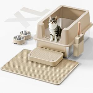 Stainless Steel Cat Litter Box - Enclosed XL Metal Kitty Litter Box with Lid for Big Cats, High Sided, Anti-Leakage, Easy Cleaning, Non-Sticky, Included Spoon & Aisle (Khaki)