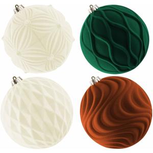 Lanpn 4 Pcs 6" Large Christmas Ornaments, Oversized Velvet Xmas Tree Ball, Big Flocked Christmas Tree Ornament, Shatterproof Plastic Balls for Yard Lawn Holiday Hanging Decor, Neutral Color (Beige-Brown-Dark Green)