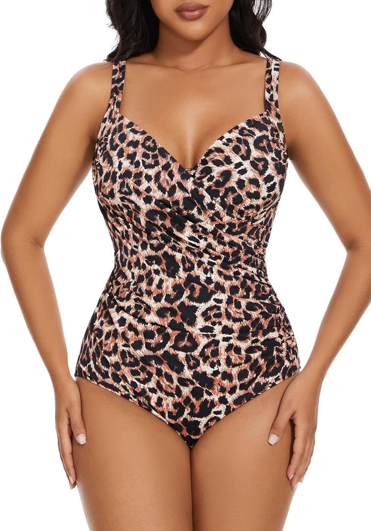Aqua Regina Plus Size Swimsuit for Women One Piece Bathing Suit Ruched Tummy Control Adjustable Swimwear (Brown/Leopard, Large)