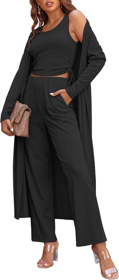 Ekouaer Women's 3 Piece Lounge Set Pajama Long Sleeve Cardigan Sleeveless Top Pants Sweatsuit S-XXL (Large, Black)
