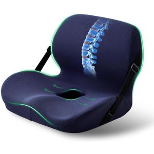Ergonomic Seat Cushion for Sciatica Relief & Long Driving - Memory Foam Back Support with Adjustable Strap, Non-Slip Base & Removable Mesh Cover - Office, Car (Navy Blue) (Universal Size)