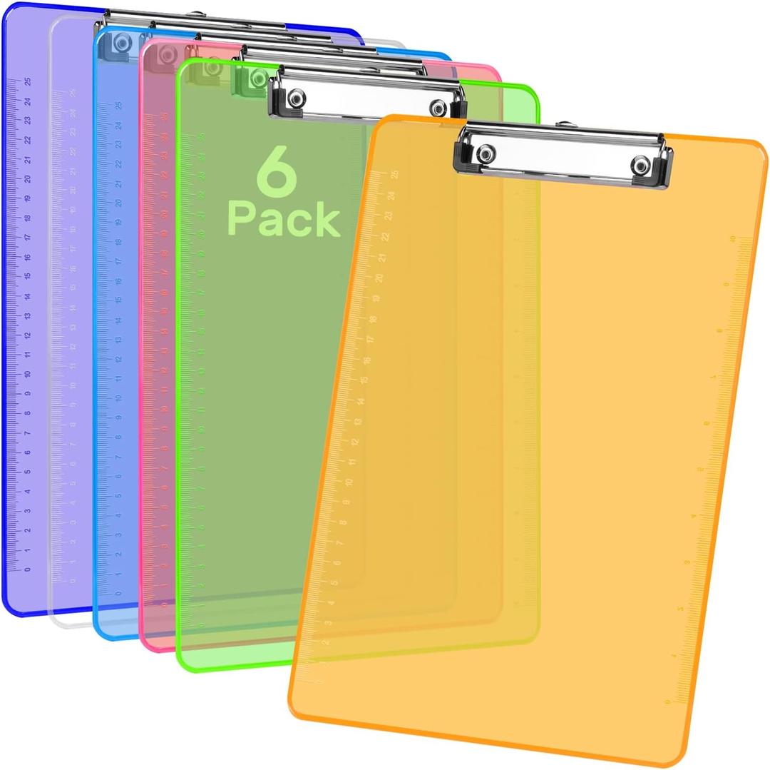 Dynta Plastic Clipboards A4/Letter Size 8.5x11 Clear Colored Clip Boards Hanging Hard Board for Outdoors Indoors Painting Note-Taking Writing Pads Document Storage 6 Pack