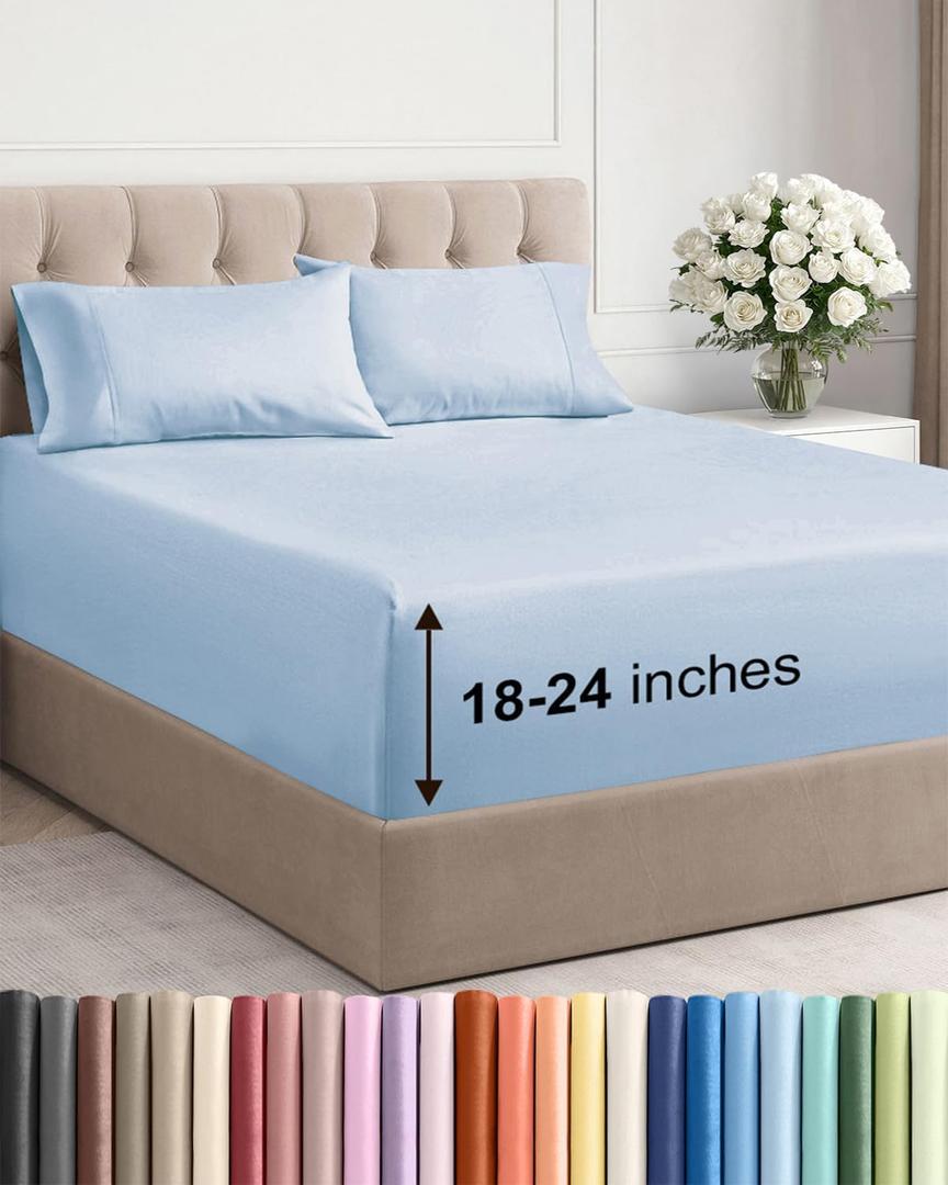 Extra Deep Pocket King Sheets - 4 Piece Breathable & Cooling Bed Sheets - Hotel Luxury Bed Sheet Set - Soft, Wrinkle Free & Comfy - Easily Fits Extra Deep Mattresses - Deep Pocket Sky Blue Sheets Set