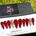 MNAFAYY Luxury Gems 100% Handmade Nails Long Stiletto Press On Nails Full Cover 3D Rhinestone Crystal Gorgeous Reusable UV Finished Fake False Nails Acrylic Nail Kit With Box Gifts for Women Red