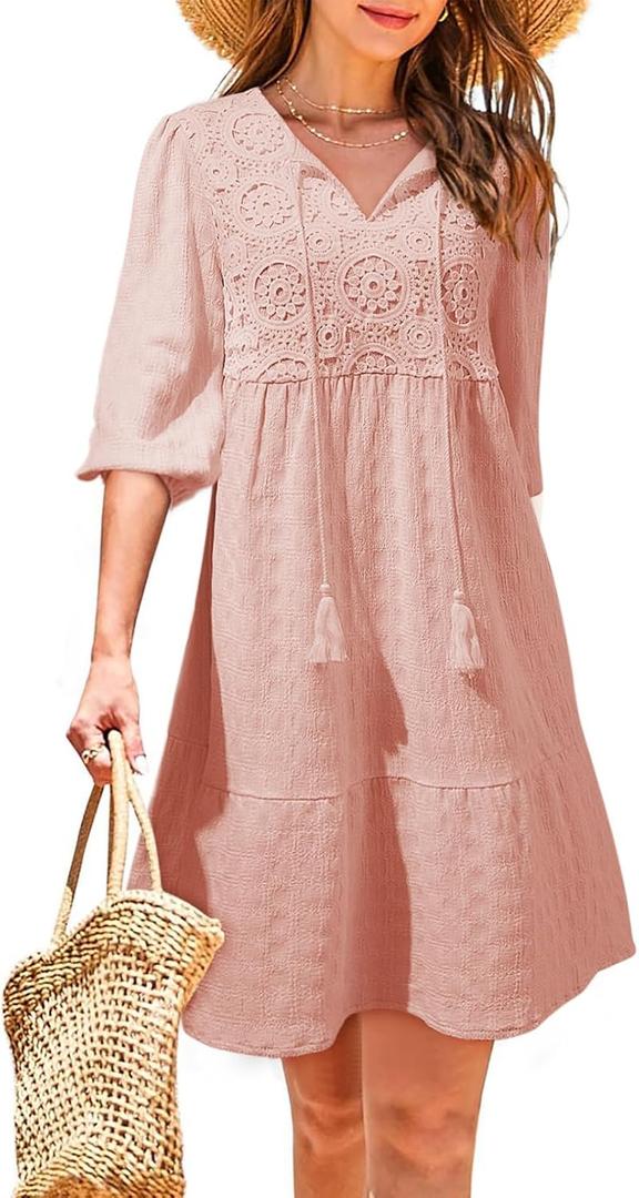 Dokotoo Womens Dresses Summer V Neck Drawstring Embroidered Half Sleeve Mini Dress Boho Dresses for Women 2026 Sundresses (Pink, XL)