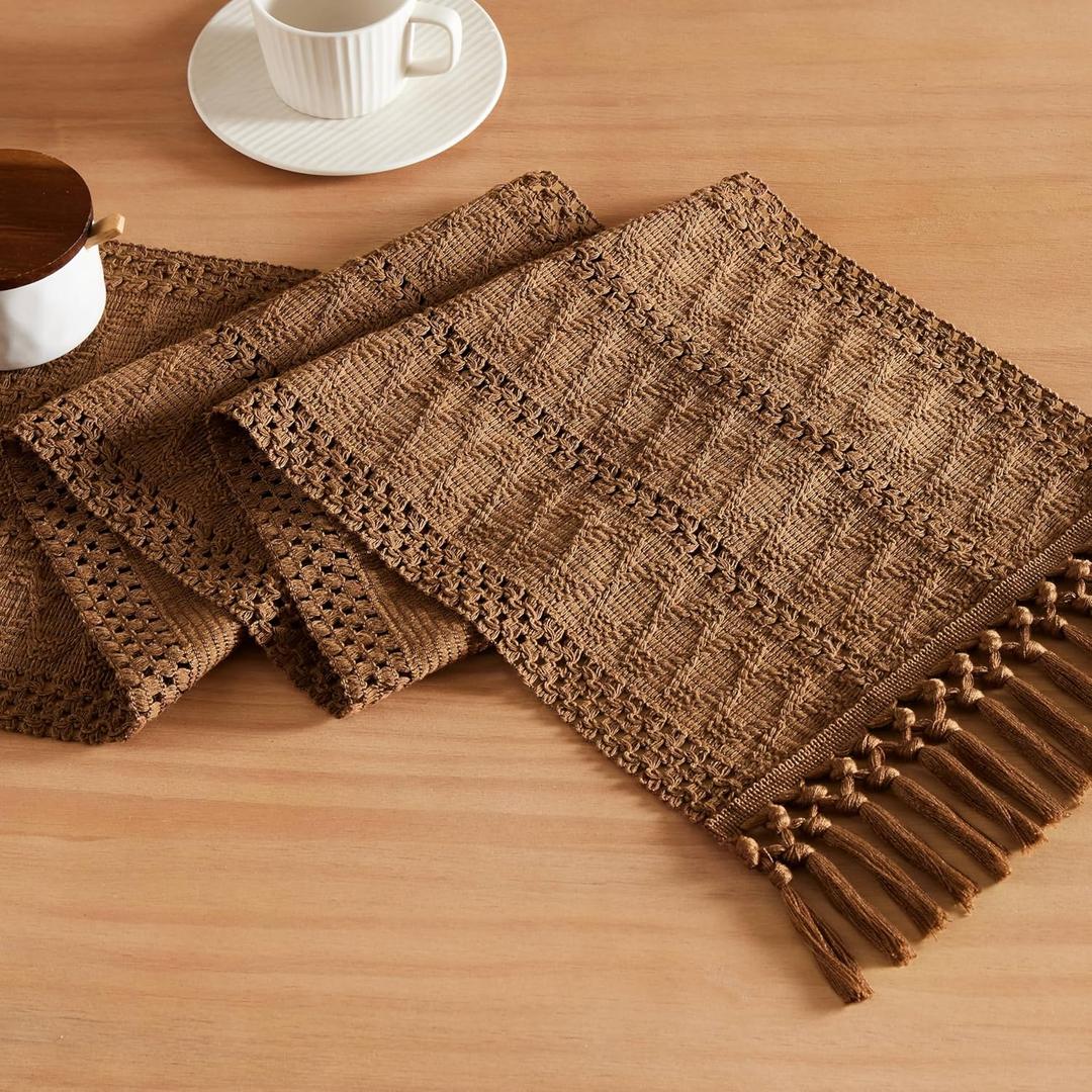 ZeeMart Macrame Style Boho Table Runner, Brown Table Runners 72 Inches Long, Farmhouse Woven Home Decor, 12x72 Inch, Caramel