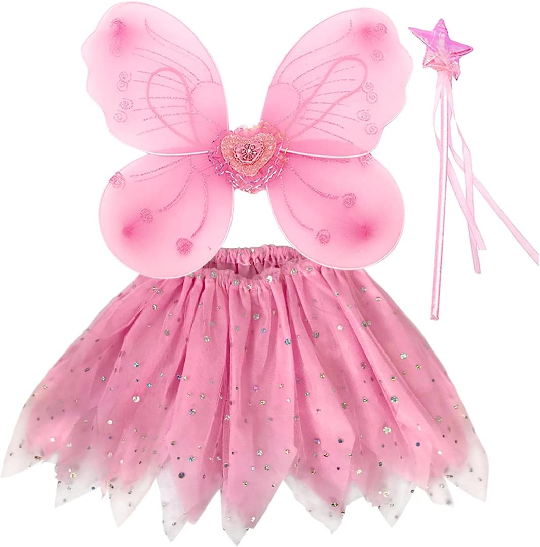 Fairy Costume Kids, Butterfly Wings Set Fairy Princess Wings Costume for Girls Party Costume Pink