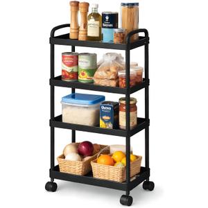 4-Tier Rolling Utility Cart with Handle Multi-Functional Storage Trolley with Wheels, Movable Organizer for Kitchen, Living Room, Office (Black)