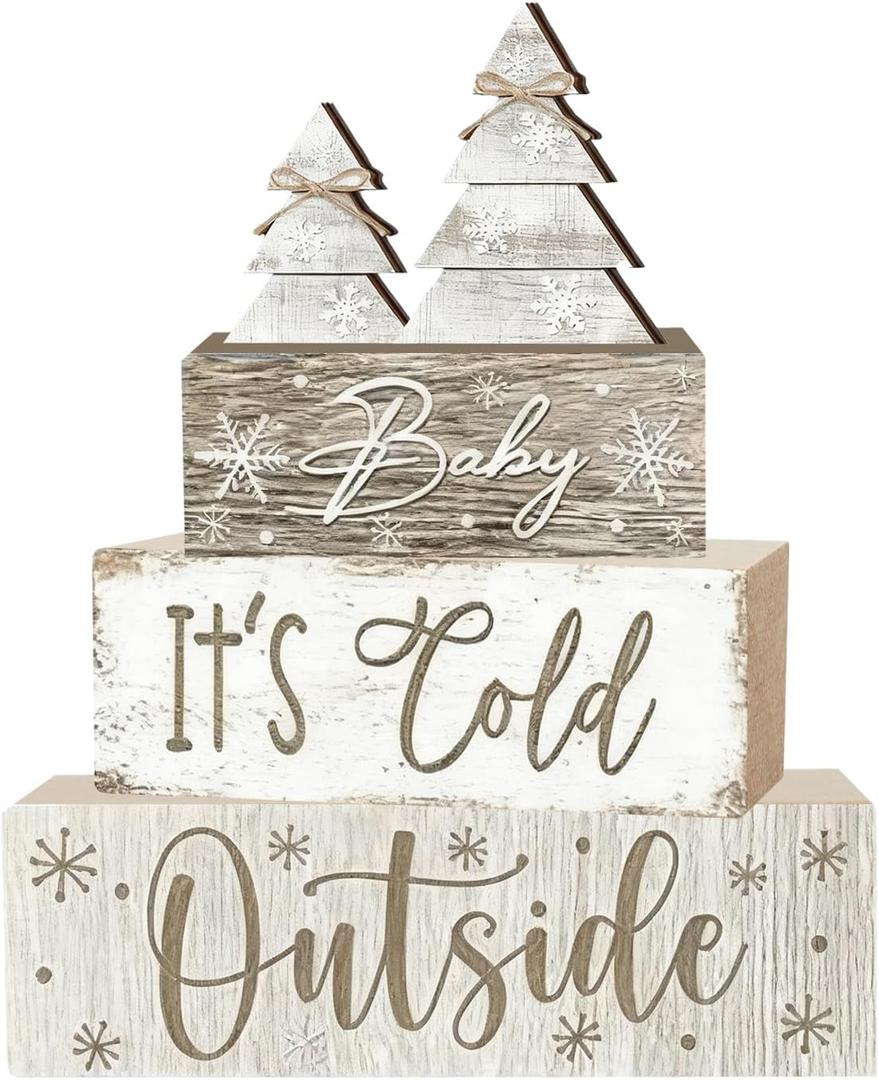 4 Pcs Christmas Decorations Indoor - Christmas Tree Table Decoration for Home - Wooden Centerpiece For Table - Winter Tiered Tray Decor Rustic Farmhouse Xmas Gift for Home Kitchen Mantel