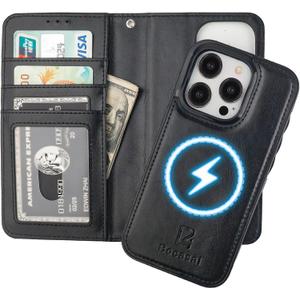 Bocasal for iPhone 15 Pro Wallet Case Compatible with MagSafe Wireless Charging, RFID Blocking Magnetic Leather Case with Card Slots Holder Kickstand Detachable Wrist Strap 6.1 Inch (Black)