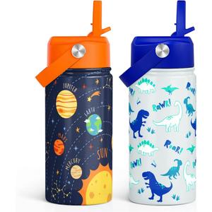 Kid Water Bottle 12oz with Straw Lid - 2-Pack Insulated Stainless Steel Water Bottles for Kids Girls - Travel Cup for Back to School Sports Christmas Birthday (Solar System & Dinosaur)
