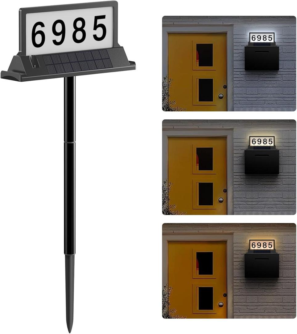 Solar Address Sign for House Numbers  Double-Sided LED Address Plaque with Magnetic Mount, Wall Mount & In-Ground, 3-Color Light Modes, IP65 Waterproof, Solar Powered for Yard, Garden, Mailbox