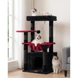 Heybly Cat Tree, Kitten Tower with Large Soft Cat Basket,Cat Condo with Spacious Cat Bed Cave with Hidden SpaceSisal-Covered Scratching Posts,Dangling Ball for Indoor Cats, Black and Red HCT008SBR