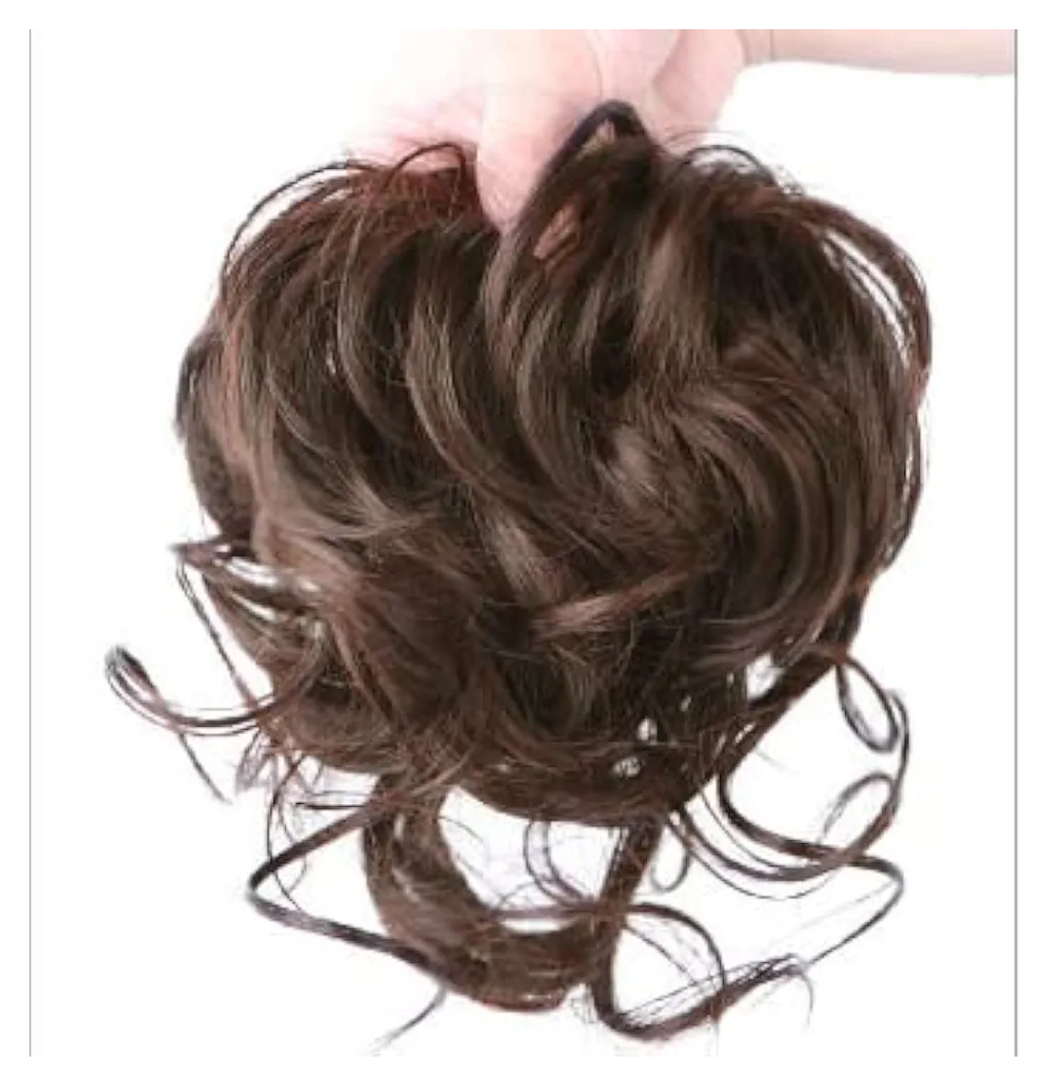 100% Human Hair Messy Bun Extension Tail, Messy Hair Bun Hair Scrunchies Extension with Fringe Curly Wavy Chignon for Women Wedding Tousled Updo Hairpiece (Dark Brown)