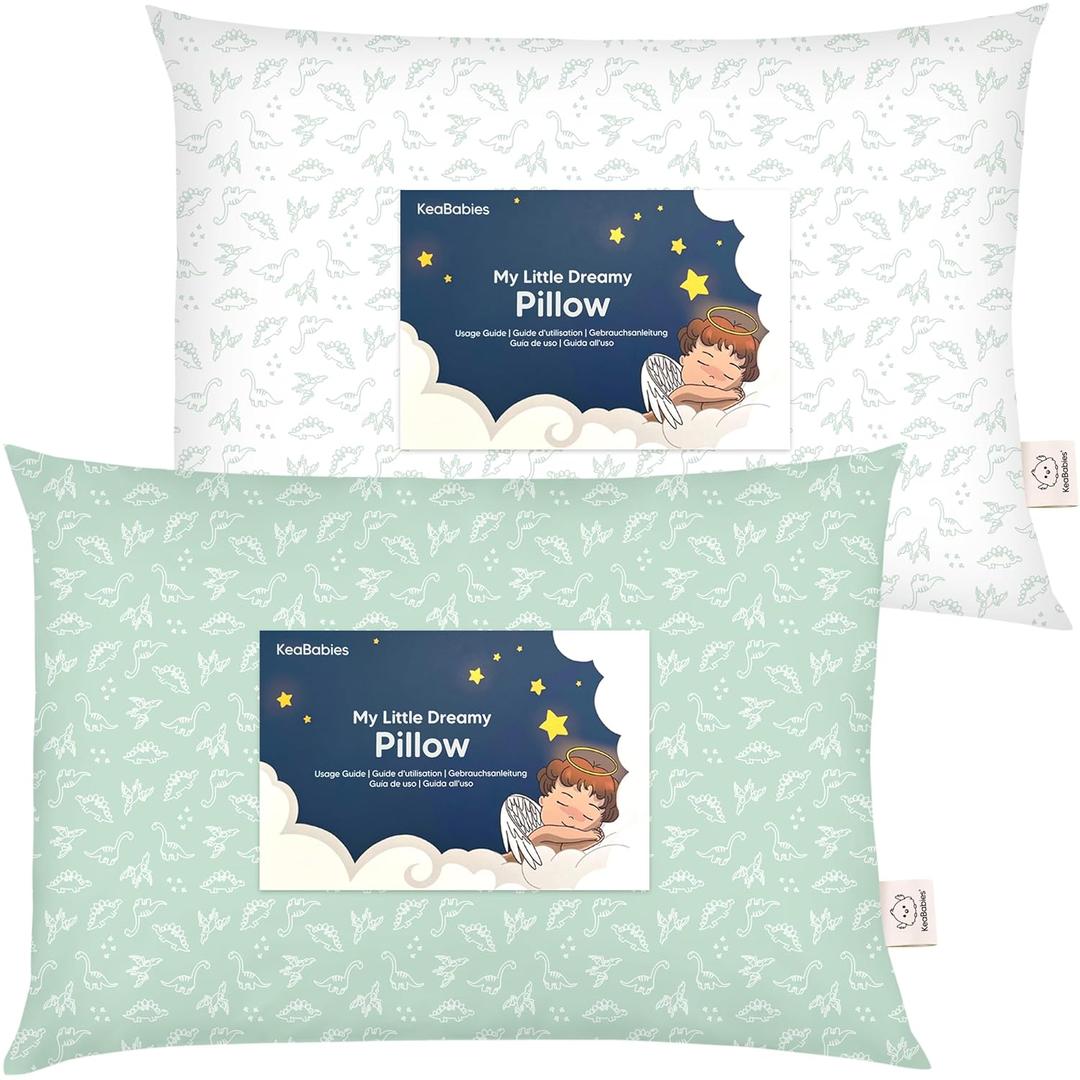 KeaBabies 2-Pack Toddler Pillows 2 Year Old to 5-13x18 Soft Organic Cotton Kids Pillow for Sleeping, Travel, School, Daycare, Nap, Toddler Bed, Machine Washable, Without Pillowcase (DinoLand)