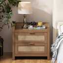 SICOTAS Rattan Nightstand End Table - Night Stand Bedside Table with Type-C Charging Station,2 Drawers Storage - Boho Night Stands for Bedroom - Natural Oak