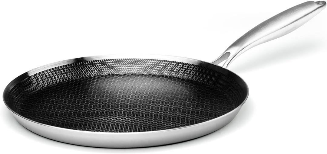 Innerwell Stainless Steel Crepe Pan - 12 Inch Nonstick Crepe Pan, Stainless Steel Honeycomb Coating Pancake Pan, Non Stick Flat Skillet Tawa Dosa Tortilla Griddle Pan, Induction Compatible, PFOA Free (Silver)