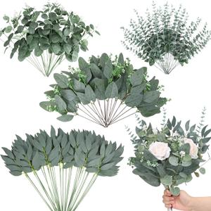 150 Pcs 4 Kinds Mixed Artificial Eucalyptus Leaves Stems Bulk Fake Silver Dollar Eucalyptus Bundle Faux Plants Greenery for DIY Bouquets Floral Arrangement Wedding Engagement Party Decor
