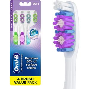 Oral-B 3D White Stain Eraser, 4 Count Soft Manual tootbrush Pack, Removes Stains, Whitens Teeth, Tongue and Cheek Cleaner