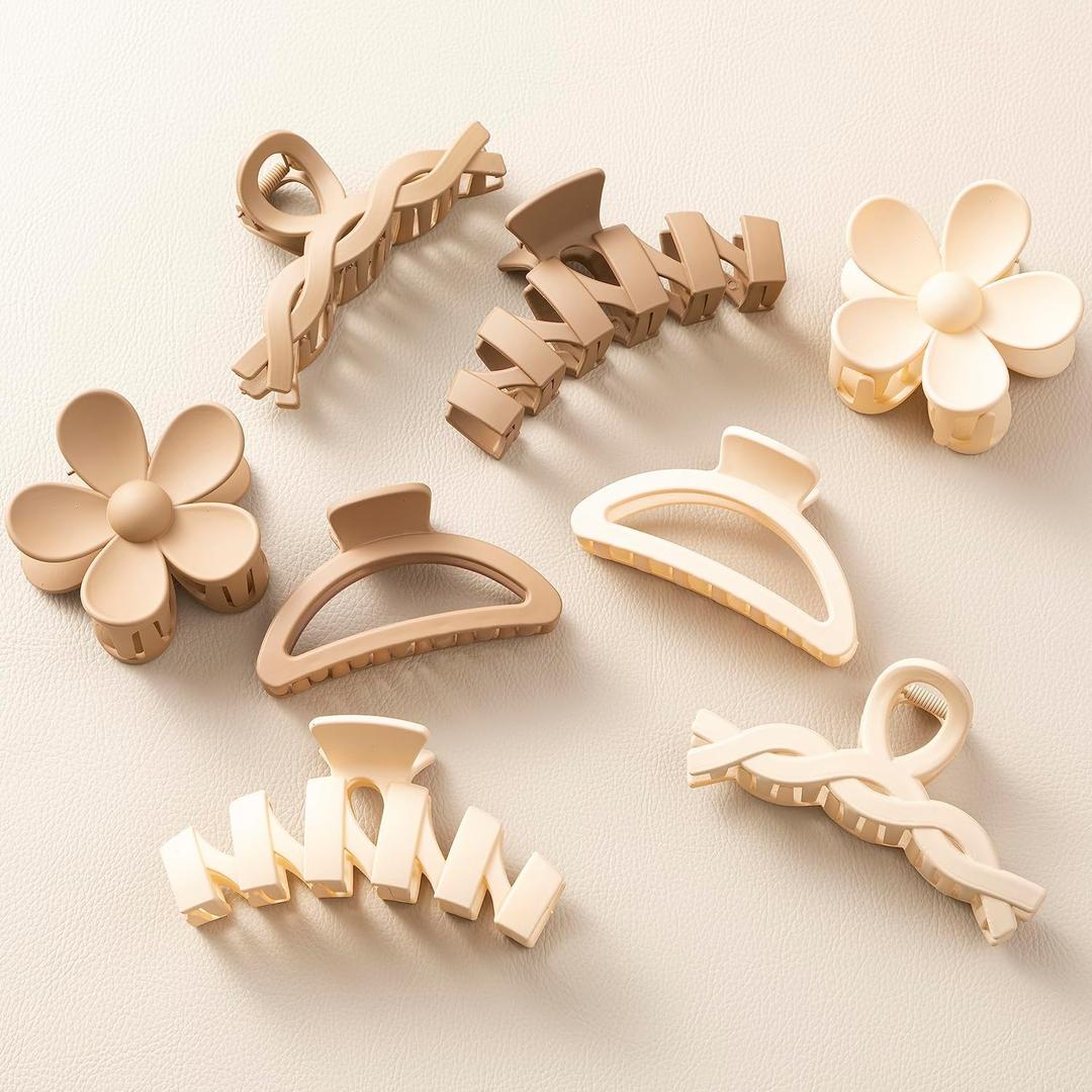8PCS Hair Clips for Women, Flower Claw Clips for Thick Hair, Non-Slip Hair Accessories with Multi-Styles, Neutral Colors Hair Claw Clips and Variety Pack, Ideal for Girls (8PCS(Beige/Milk Coffee))