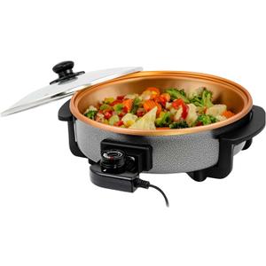 OVENTE 12 Inch Electric Skillet and Frying Pan with Nonstick Coating, 1400W Power, Adjustable Temperature Control, Tempered Glass Lid with Vent and Cool Touch Handles, Copper SK11112CO