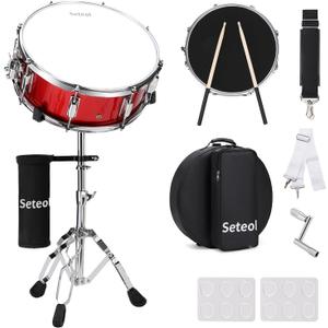 Snare Drum Set, 14" x 5.5" Marching Snare Drum with Stand & Storage Padded Bag + Silent Mute Pad + Drums Sticks + Drumstick Holder + Drums Key + Damper Gels for Adults (Red)