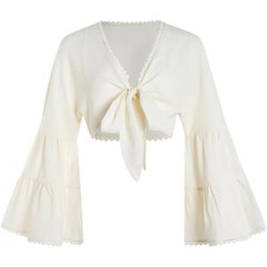 BEAUDRM Women's Wrap Crop Tops Bow Tie Front Long Bell Sleeve Blouse Casual Concert Outfits 70s Disco Hippie Shirts Apricot Medium