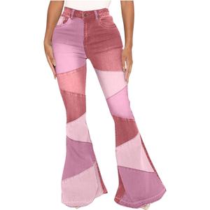 HGps8w Bell Bottom Flare Jeans for Women Color Block Patchwork Stretchy Slim Fit High Waisted Casual Denim Pants with Pockets, M, Red