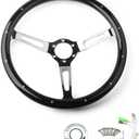 MR HELLO 15" Inch Classic Black Wood Grain Grip Steering Wheel 3 Spoke Riveted 380mm 6 Bolt with Horn Button (long hole)
