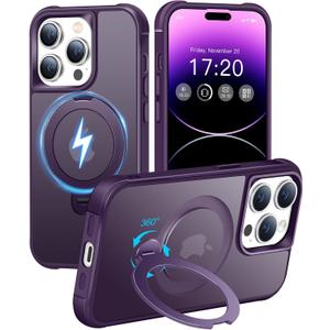 HuwaiH 360 Rotatable Magnetic Ring Stand for iPhone 14 pro Case, Compatible with MagSafe, Military-Grade Shockproof, Anti-Scratch Matte Translucent Phone Case for iPhone 14 pro(Purple)