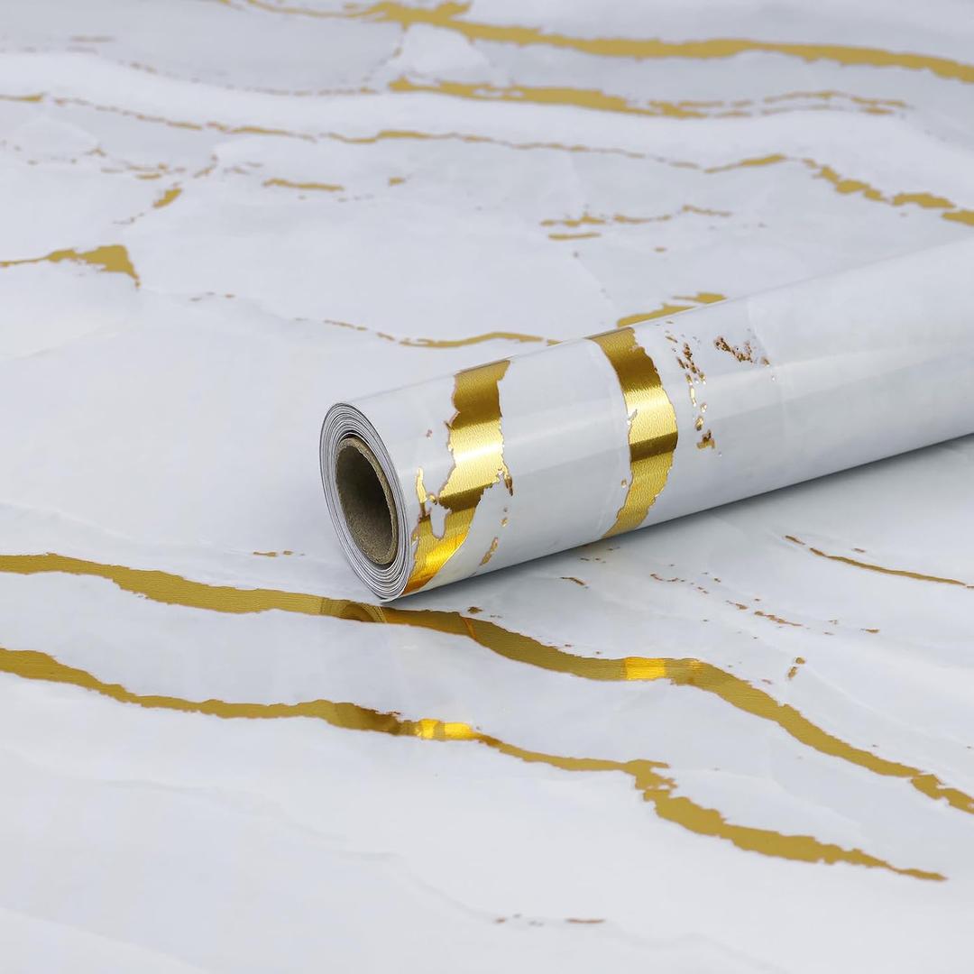 White Gold Marble Contact Paper for Countertops A Set of 23.6" X 197"Glossy Peel and Stick Wallpaper Waterproof Self-Adhesive Removable Wall Paper for Kitchen Cabinets Bathroom Furniture Refurbishment