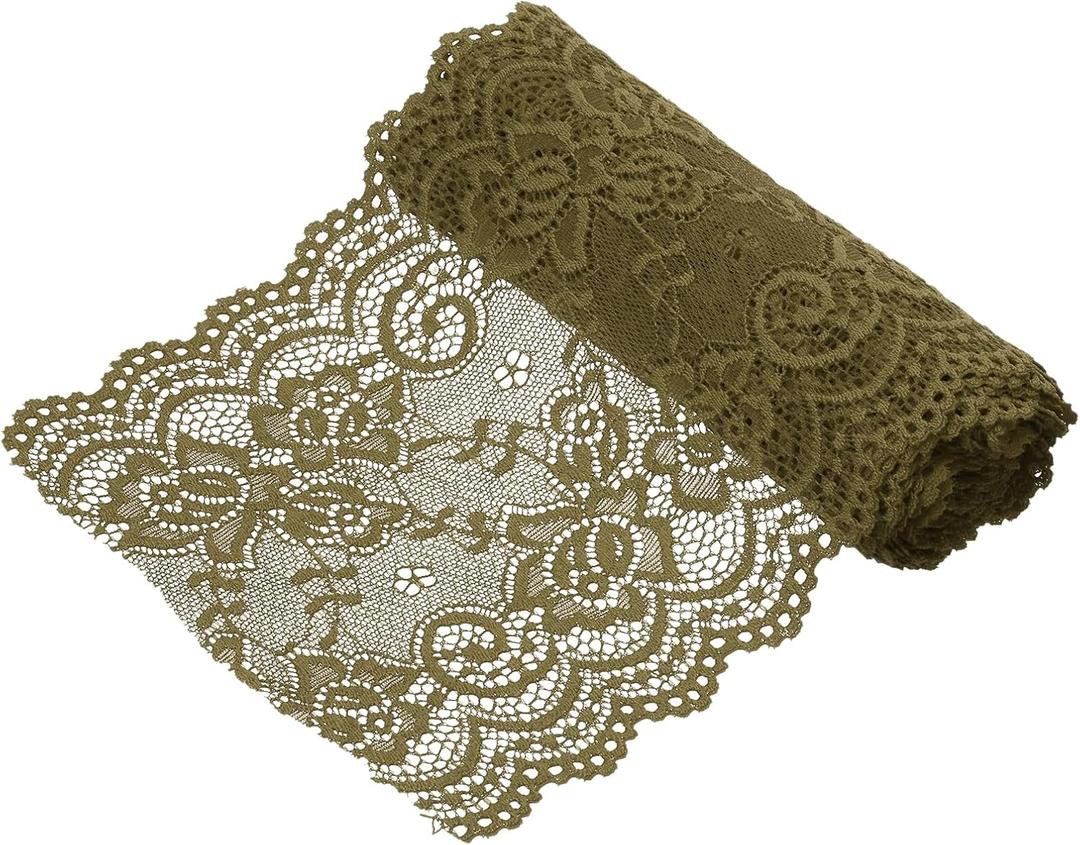 MECCANIXITY 6 Inch Wide 3 Yard Elastic Lace Ribbon, Stretch Floral Pattern Lace Trim Embroidered Fabric for Sewing Making and DIY Crafts Gift Wrapping Bouquets Wedding Decor (Olive Green)