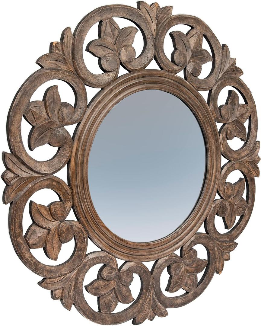 Creative Co-Op Round Carved Wood Botanical Framed Wall Mirror, Walnut Brown
