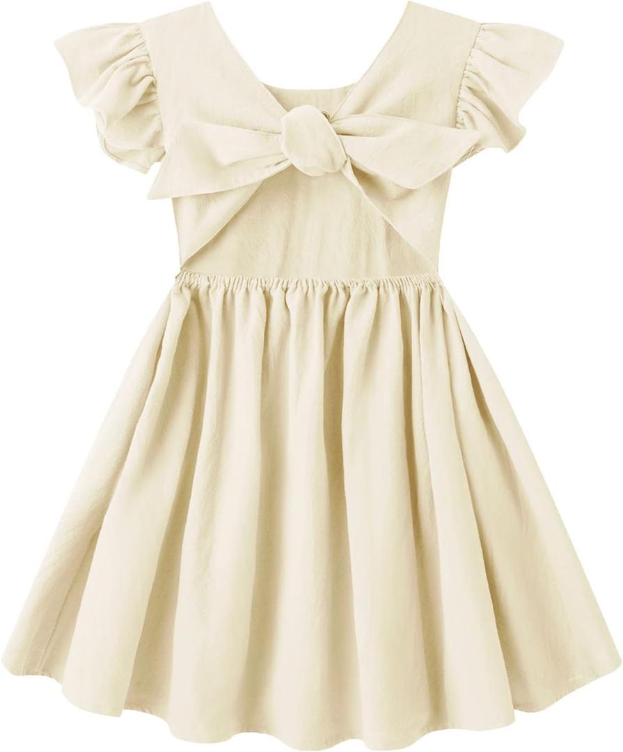 LYXIOF Toddler Baby Girl Cotton Linen Summer Dress Ruffle Sleeve Back Bowknot Kids Beach Dresses Beige 120CM