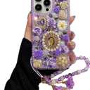 iFiLOVE for iPhone 15 Pro Max Bling Diamond Case with Flower Strap, 3D Luxury Sparkle Glitter Crystal Rhinestone Pearl Love Rose Wristband Bracelet Case Cover for Girls Women Kids (Purple)