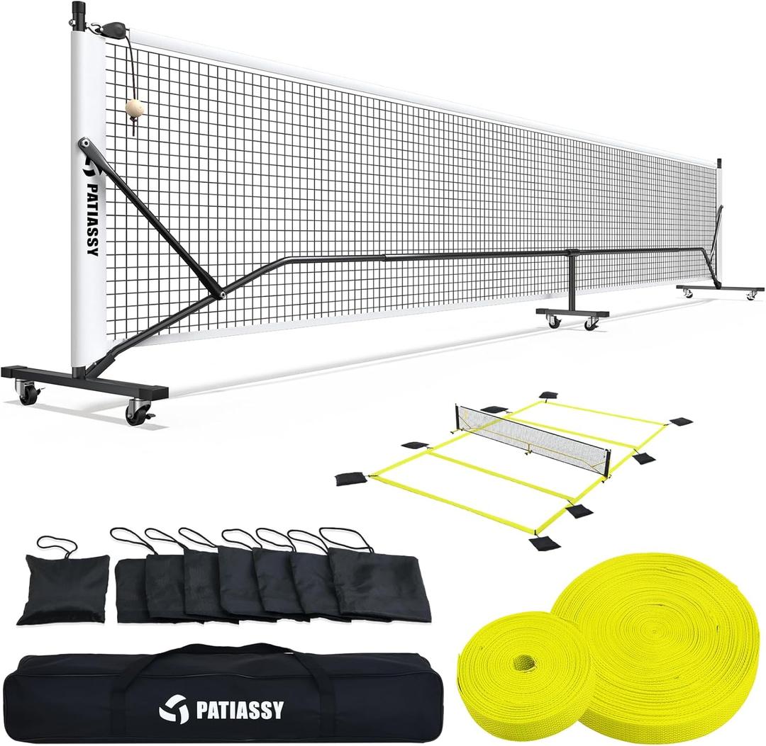 Pickleball Net with Court Marking Kit and Wheels, Portable 22 FT Regulation Size Pickle Ball Set for Outdoor Driveway Indoor, Nets System with Tension Adjuster, Court Lines and 8 Sandbags (White)