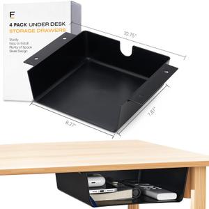 4 Pack Under Desk Hanging Shelf Drawer Organizer, Attachable Plastic Hidden Storage Tray, Easy Adhesive Mount Holder for Standing Tables, Office, Counters, Cabinets, Workstations - Black (4 Pack Large, Matte Black)