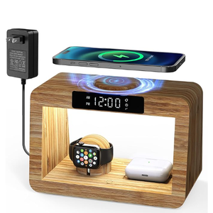 Bamboo Wireless Charging Station with Alarm Clock & Night Light, 3 in 1 Charging Station for iPhone 17/16/15/14/13/12/11 Pro Max/X/Xs, AirPods 4/3 & AirPods Pro 3/2/1/, Apple Watch Series